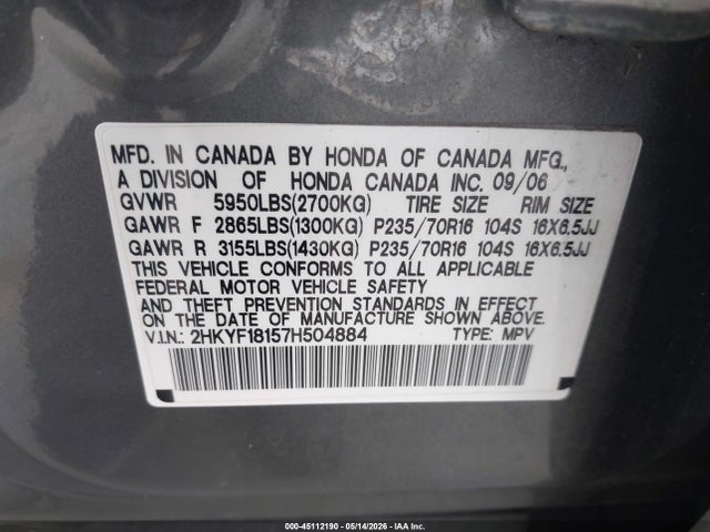 Продаж на аукціоні авто 2007 Honda Pilot Lx, vin: 2HKYF18157H504884, номер лоту: 45112190