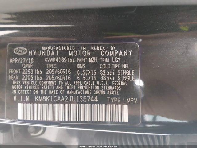 Продажа на аукционе авто 2018 Hyundai Kona Se, vin: KM8K1CAA2JU135744, номер лота: 45112198
