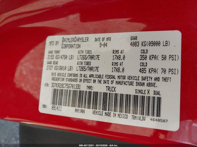 45112201 :رقم المزاد ، 3D7KR28C75G701331 vin ، 2005 Dodge Ram 2500 Slt/laramie مزاد بيع