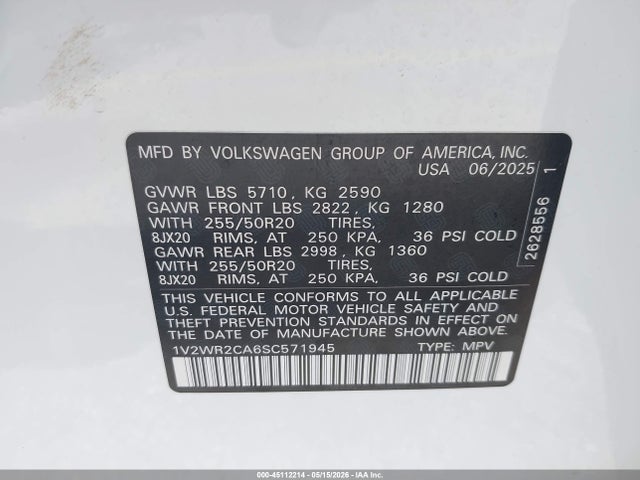 45112214 :رقم المزاد ، 1V2WR2CA6SC571945 vin ، 2025 Volkswagen Atlas 2.0t Se W/technology مزاد بيع