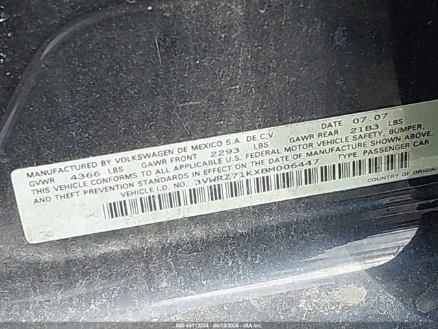 Aukcja sprzedaży 2008 Volkswagen Jetta Se/sel, vin: 3VWRZ71KX8M006447, numer aukcji: 45112234