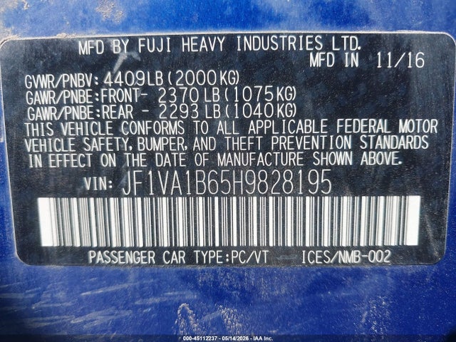 45112237 :رقم المزاد ، JF1VA1B65H9828195 vin ، 2017 Subaru Wrx مزاد بيع