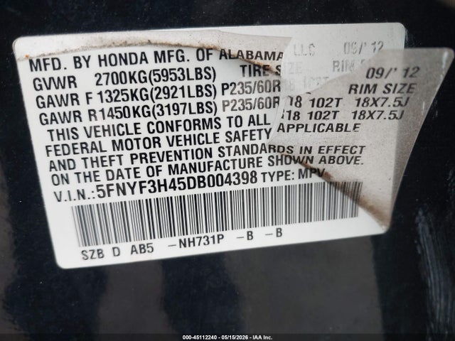 2013 Honda Pilot Ex მანქანა იყიდება აუქციონზე, vin: 5FNYF3H45DB004398, აუქციონის ნომერი: 45112240