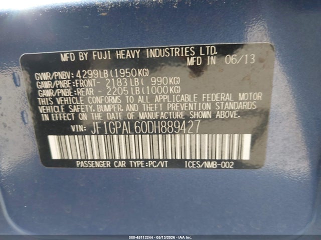 Продаж на аукціоні авто 2013 Subaru Impreza 2.0i Sport Premium, vin: JF1GPAL60DH889427, номер лоту: 45112244