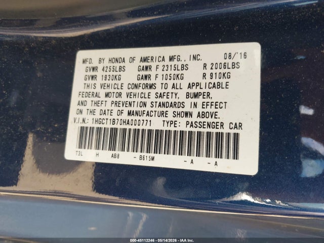 Продажа на аукционе авто 2017 Honda Accord Ex, vin: 1HGCT1B70HA000771, номер лота: 45112246