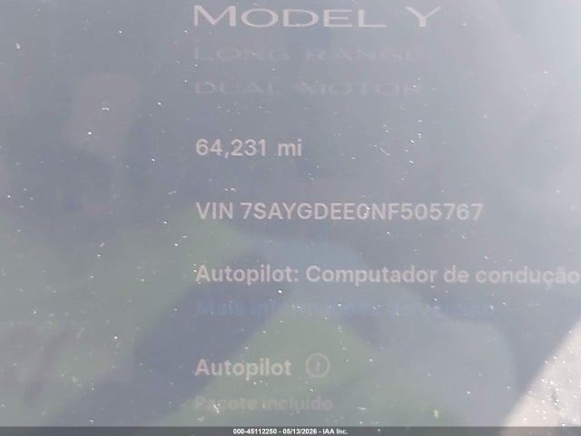 45112250 :رقم المزاد ، 7SAYGDEE0NF505767 vin ، 2022 Tesla Model Y Long Range Dual Motor All-wheel Drive مزاد بيع