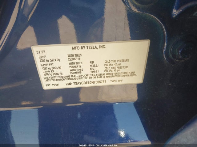 45112250 :رقم المزاد ، 7SAYGDEE0NF505767 vin ، 2022 Tesla Model Y Long Range Dual Motor All-wheel Drive مزاد بيع