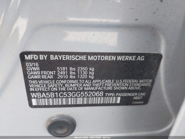 Aukcja sprzedaży 2016 Bmw 535i, vin: WBA5B1C53GG552068, numer aukcji: 45112252