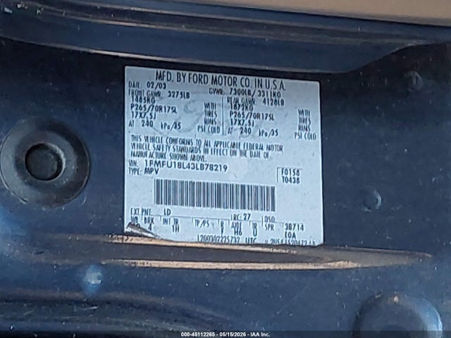 Aukcja sprzedaży 2003 Ford Expedition Eddie Bauer, vin: 1FMFU18L43LB78219, numer aukcji: 45112265