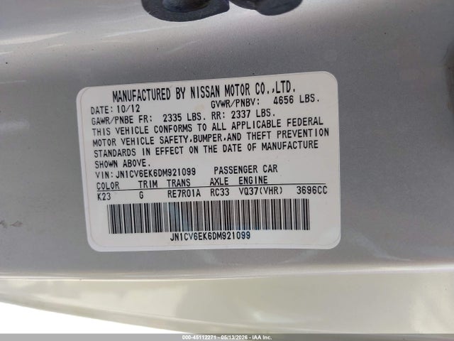 2013 Infiniti G37 Journey მანქანა იყიდება აუქციონზე, vin: JN1CV6EK6DM921099, აუქციონის ნომერი: 45112271