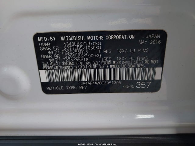 Aukcja sprzedaży 2016 Mitsubishi Outlander Sport 2.4 Sel, vin: JA4AP4AW8GZ051305, numer aukcji: 45112281