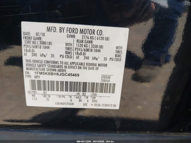 Aukcja sprzedaży 2018 Ford Explorer, vin: 1FM5K8BH6JGC45469, numer aukcji: 45112285