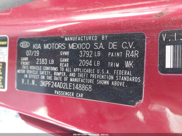Продажа на аукционе авто 2020 Kia Forte Lxs, vin: 3KPF24AD2LE148868, номер лота: 45112292