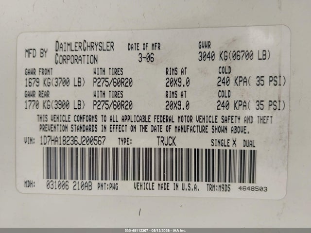 Продажа на аукционе авто 2006 Dodge Ram 1500 Slt, vin: 1D7HA18236J200567, номер лота: 45112307