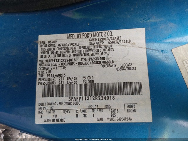 Auction sale of the 2002 Ford Escort Zx2, vin: 3FAFP11312R224018, lot number: 45112313