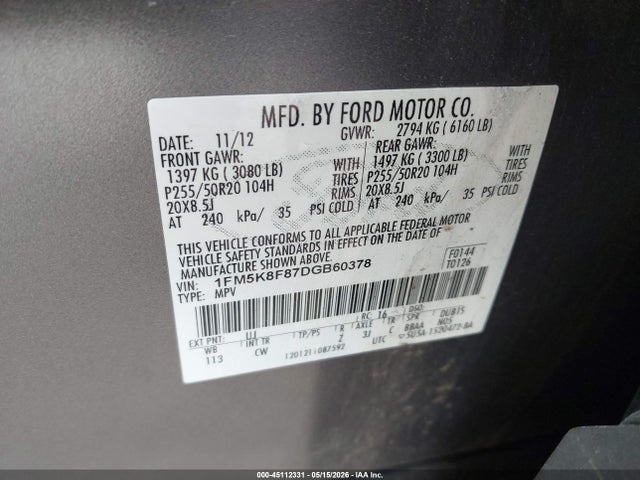 Aukcja sprzedaży 2013 Ford Explorer Limited, vin: 1FM5K8F87DGB60378, numer aukcji: 45112331