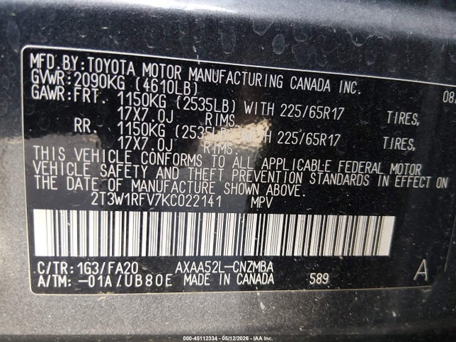 Aukcja sprzedaży 2019 Toyota Rav4 Xle, vin: 2T3W1RFV7KC022141, numer aukcji: 45112334