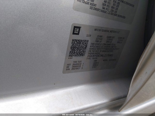 Aukcja sprzedaży 2020 Chevrolet Silverado 1500, vin: 1GCRYDED6LZ170401, numer aukcji: 45112338