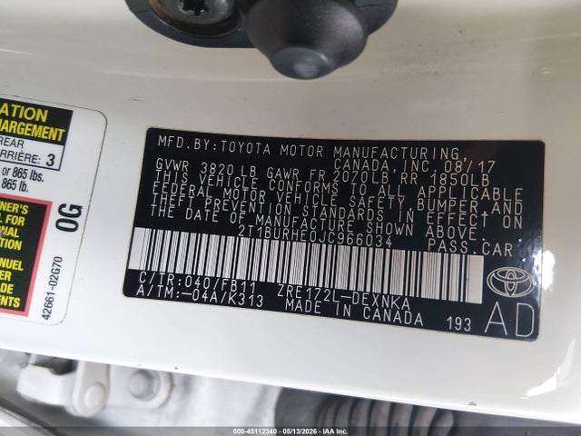 Aukcja sprzedaży 2018 Toyota Corolla Le, vin: 2T1BURHE0JC966034, numer aukcji: 45112340