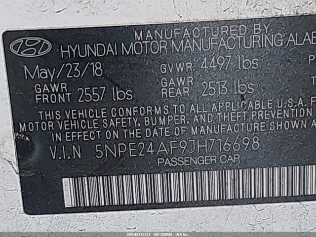 Aukcja sprzedaży 2018 Hyundai Sonata Se, vin: 5NPE24AF9JH716698, numer aukcji: 45112343