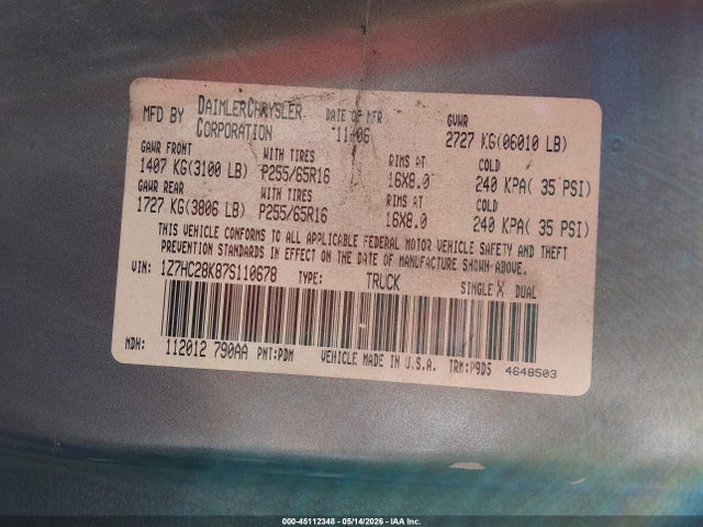 Aukcja sprzedaży 2007 Mitsubishi Raider Ls, vin: 1Z7HC28K87S110678, numer aukcji: 45112348