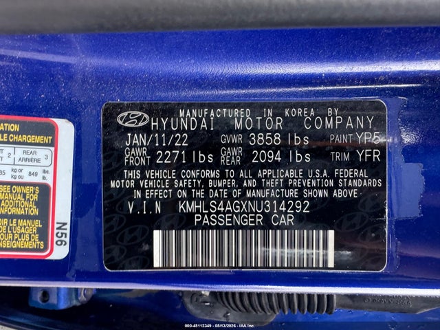 Продажа на аукционе авто 2022 Hyundai Elantra Sel, vin: KMHLS4AGXNU314292, номер лота: 45112349