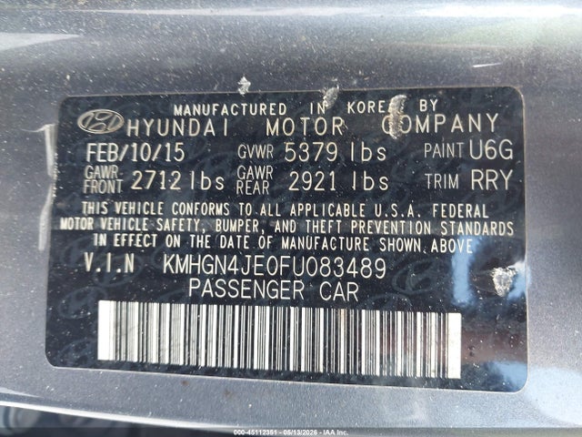Продажа на аукционе авто 2015 Hyundai Genesis 3.8, vin: KMHGN4JE0FU083489, номер лота: 45112351