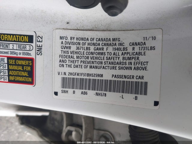 Продаж на аукціоні авто 2011 Honda Civic Lx, vin: 2HGFA1F51BH525908, номер лоту: 45112352