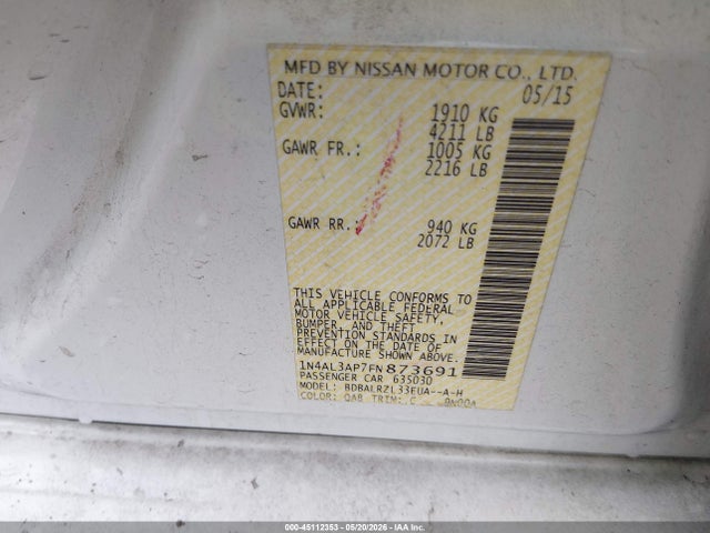 Продажа на аукционе авто 2015 Nissan Altima 2.5 Sl, vin: 1N4AL3AP7FN873691, номер лота: 45112353