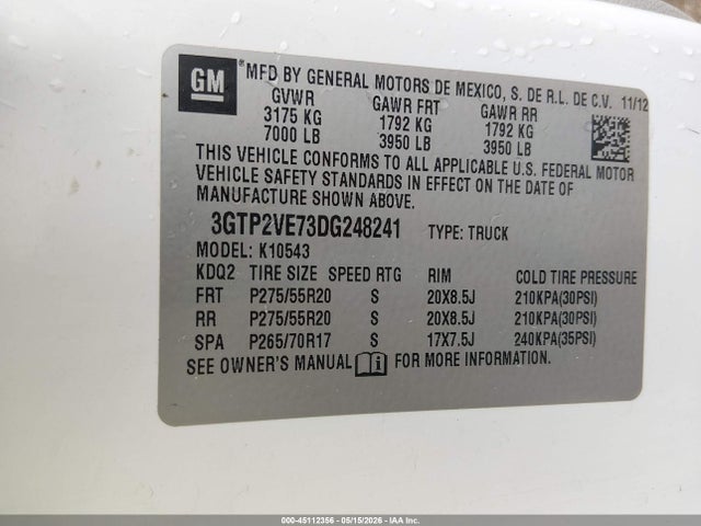 Aukcja sprzedaży 2013 Gmc Sierra 1500 Sle, vin: 3GTP2VE73DG248241, numer aukcji: 45112356