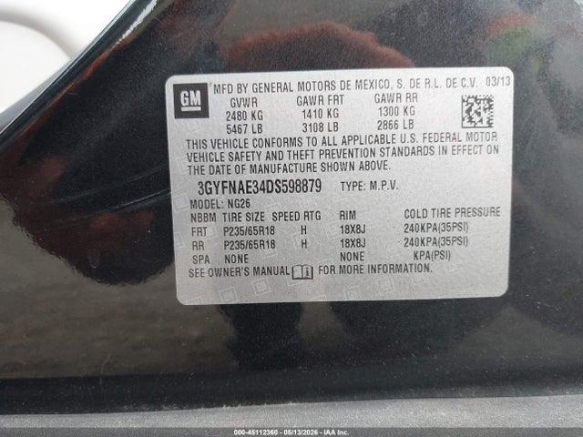 45112360 :رقم المزاد ، 3GYFNAE34DS598879 vin ، 2013 Cadillac Srx Standard مزاد بيع