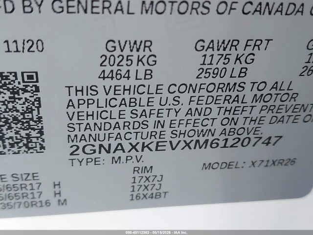 Продаж на аукціоні авто 2021 Chevrolet Equinox Fwd Lt, vin: 2GNAXKEVXM6120747, номер лоту: 45112363