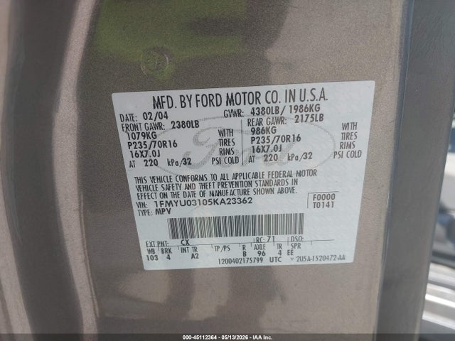 Продаж на аукціоні авто 2005 Ford Escape Xlt, vin: 1FMYU03105KA23362, номер лоту: 45112364