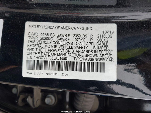 Aukcja sprzedaży 2020 Honda Accord Sport, vin: 1HGCV1F36LA016581, numer aukcji: 45112375