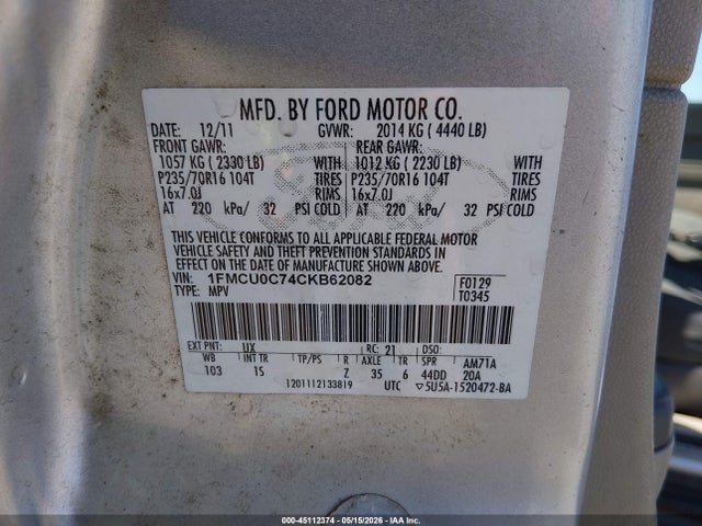 Aukcja sprzedaży 2012 Ford Escape Xls, vin: 1FMCU0C74CKB62082, numer aukcji: 45112374