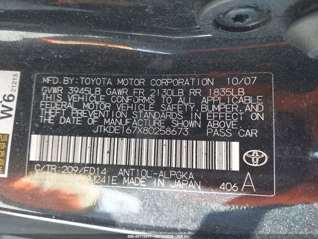 Aukcja sprzedaży 2008 Scion Tc, vin: JTKDE167X80258673, numer aukcji: 45112377