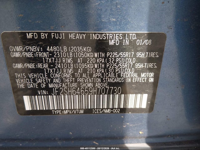 Продажа на аукционе авто 2009 Subaru Forester 2.5x L.l. Bean Edition, vin: JF2SH64659H707730, номер лота: 45112380