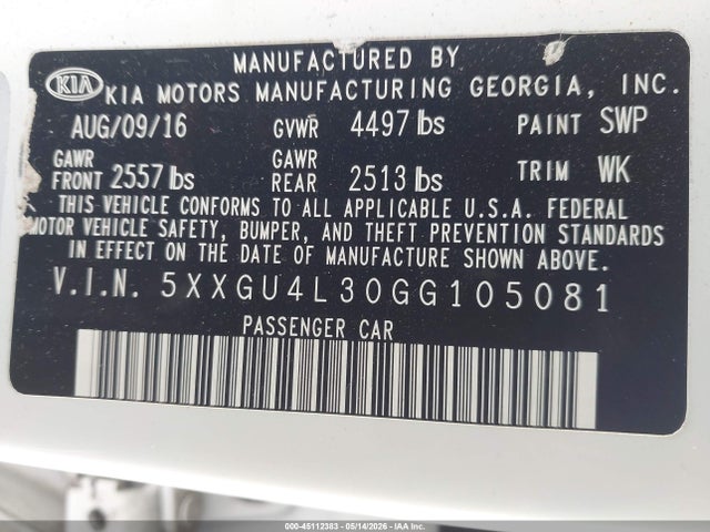 45112383 :رقم المزاد ، 5XXGU4L30GG105081 vin ، 2016 Kia Optima Ex مزاد بيع