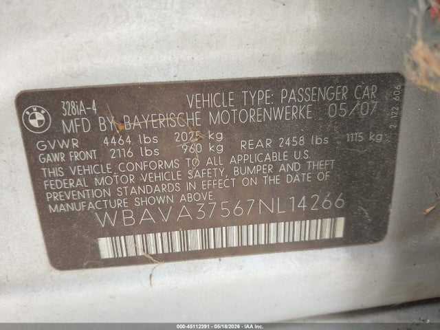 Продаж на аукціоні авто 2007 Bmw 328i, vin: WBAVA37567NL14266, номер лоту: 45112391