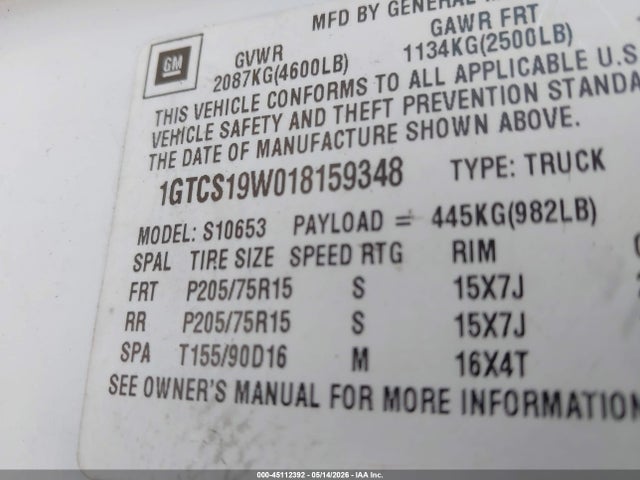 45112392 :رقم المزاد ، 1GTCS19W018159348 vin ، 2001 Gmc Sonoma Sls مزاد بيع