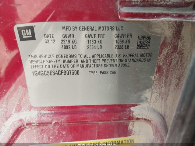 Продаж на аукціоні авто 2012 Buick Lacrosse Leather Group, vin: 1G4GC5E34CF307500, номер лоту: 45112396