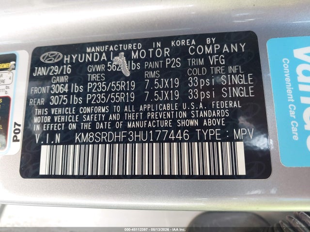 Aukcja sprzedaży 2017 Hyundai Santa Fe Limited Ultimate, vin: KM8SRDHF3HU177446, numer aukcji: 45112397