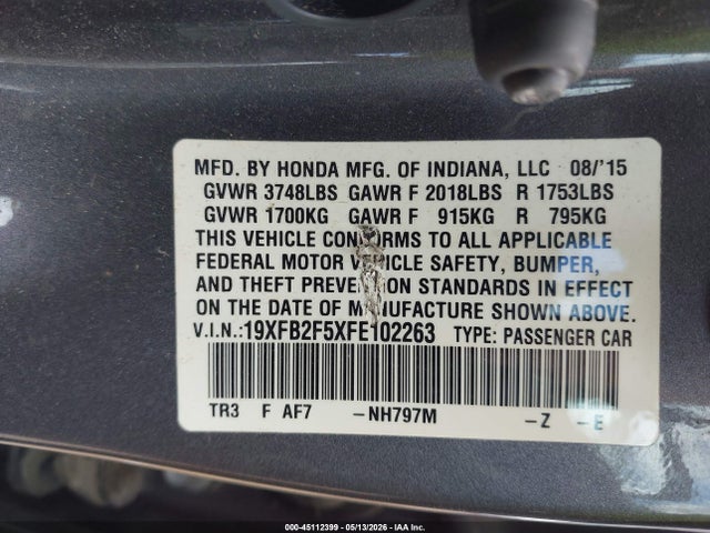 Продаж на аукціоні авто 2015 Honda Civic Lx, vin: 19XFB2F5XFE102263, номер лоту: 45112399