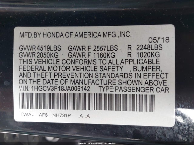 Aukcja sprzedaży 2018 Honda Accord Hybrid, vin: 1HGCV3F18JA006142, numer aukcji: 45112400