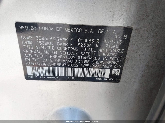 3HGGK5H56FM766022 Honda FIT LX