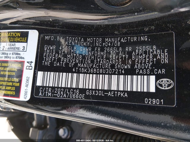 Продажа на аукционе авто 2008 Toyota Avalon Limited, vin: 4T1BK36B08U307214, номер лота: 45112404