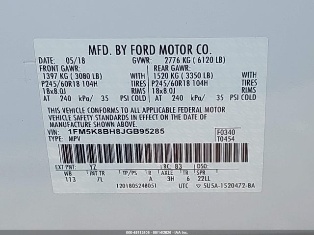 Aukcja sprzedaży 2018 Ford Explorer, vin: 1FM5K8BH8JGB95285, numer aukcji: 45112406