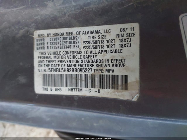 Продаж на аукціоні авто 2011 Honda Odyssey Touring/touring Elite, vin: 5FNRL5H92BB095227, номер лоту: 45112408