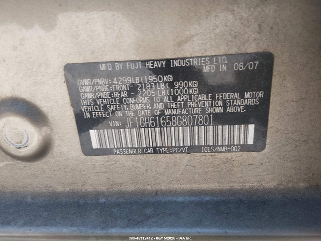 2008 Subaru Impreza Wagon (natl) I W/premium Pkg მანქანა იყიდება აუქციონზე, vin: JF1GH61658G807801, აუქციონის ნომერი: 45112412
