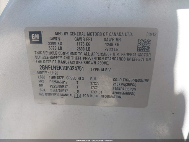 45112418 :رقم المزاد ، 2GNFLNEK1D6324751 vin ، 2013 Chevrolet Equinox 2lt مزاد بيع